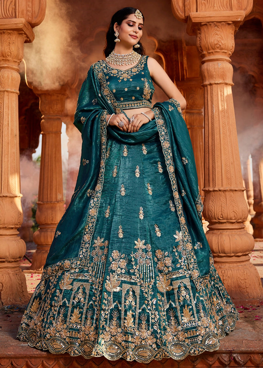Teal Blue Tissue Lehenga Featuring Exquisite Floral & Bead Work - House of Sarvati LLC