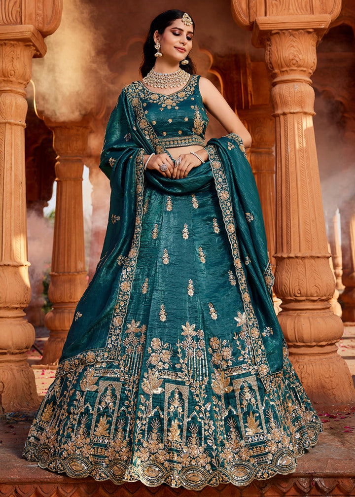 Teal Blue Tissue Lehenga Featuring Exquisite Floral & Bead Work - House of Sarvati LLC