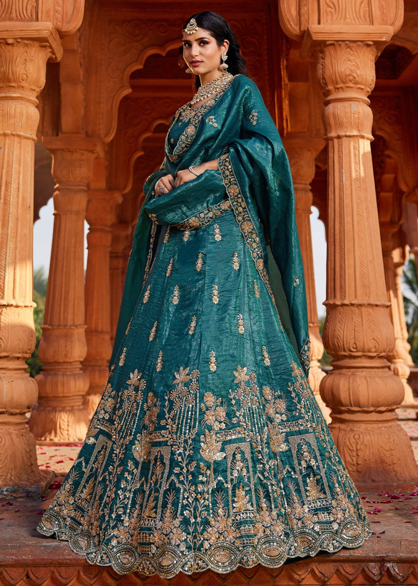 Teal Blue Tissue Lehenga Featuring Exquisite Floral & Bead Work - House of Sarvati LLC