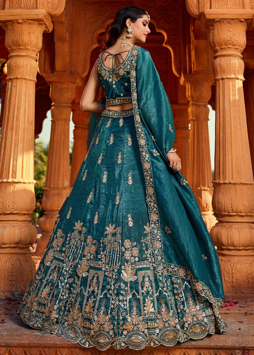 Teal Blue Tissue Lehenga Featuring Exquisite Floral & Bead Work - House of Sarvati LLC