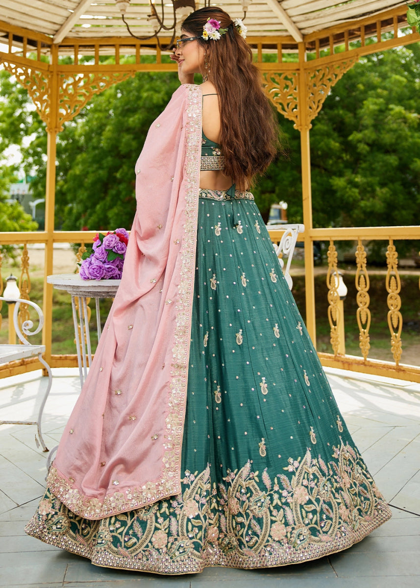 Teal Green Chiffon Lehenga Choli with Sequins and Floral Embroidery - House of Sarvati LLC