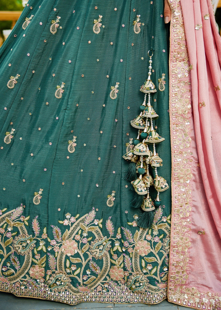 Teal Green Chiffon Lehenga Choli with Sequins and Floral Embroidery - House of Sarvati LLC