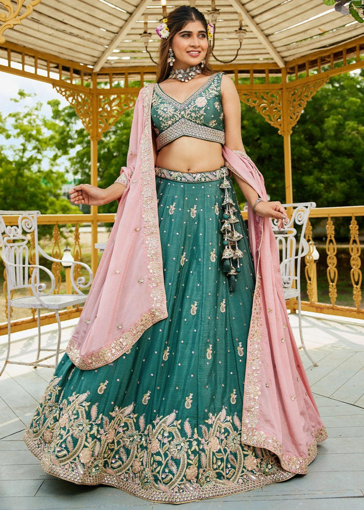 Teal Green Chiffon Lehenga Choli with Sequins and Floral Embroidery - House of Sarvati LLC