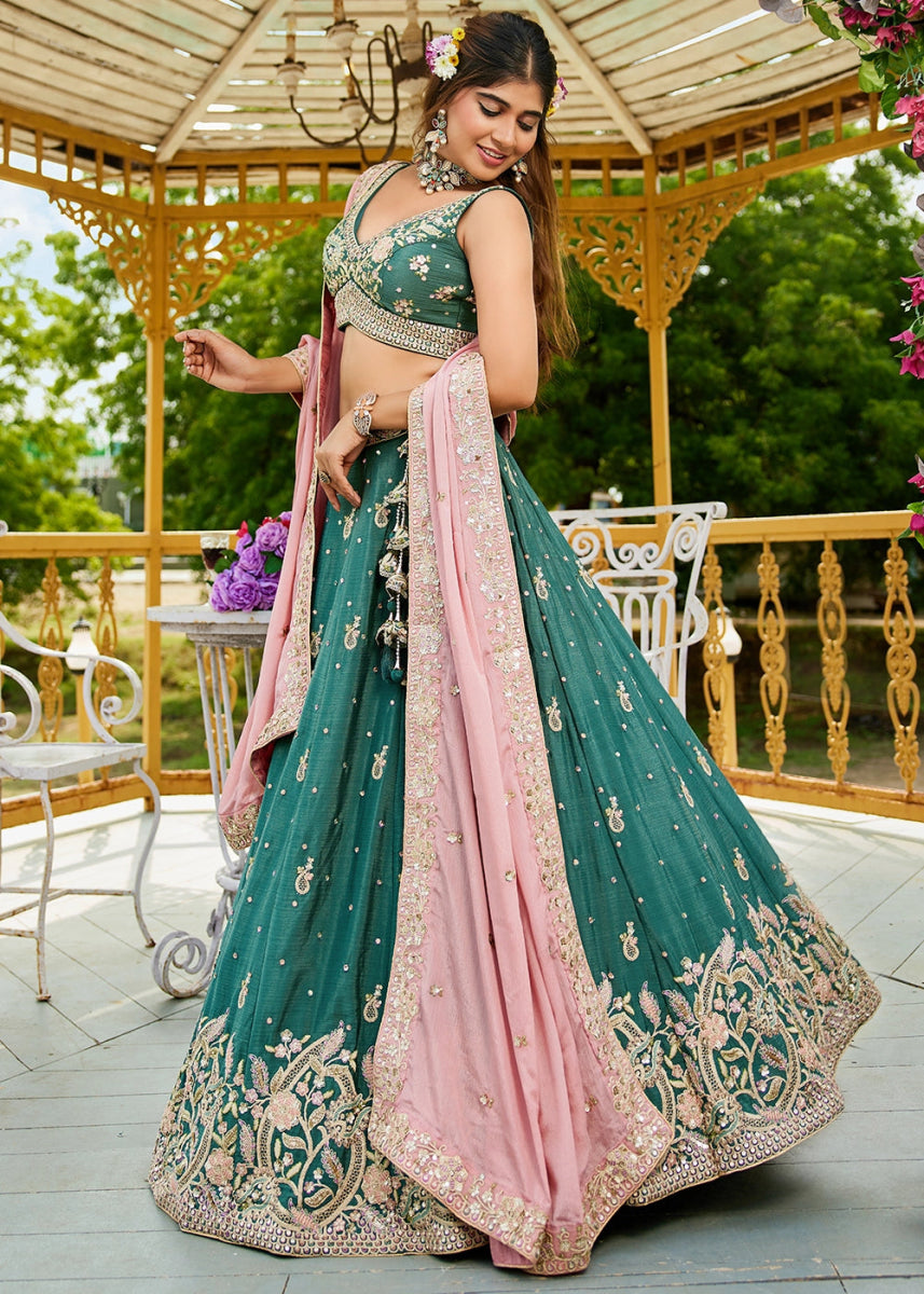 Teal Green Chiffon Lehenga Choli with Sequins and Floral Embroidery - House of Sarvati LLC