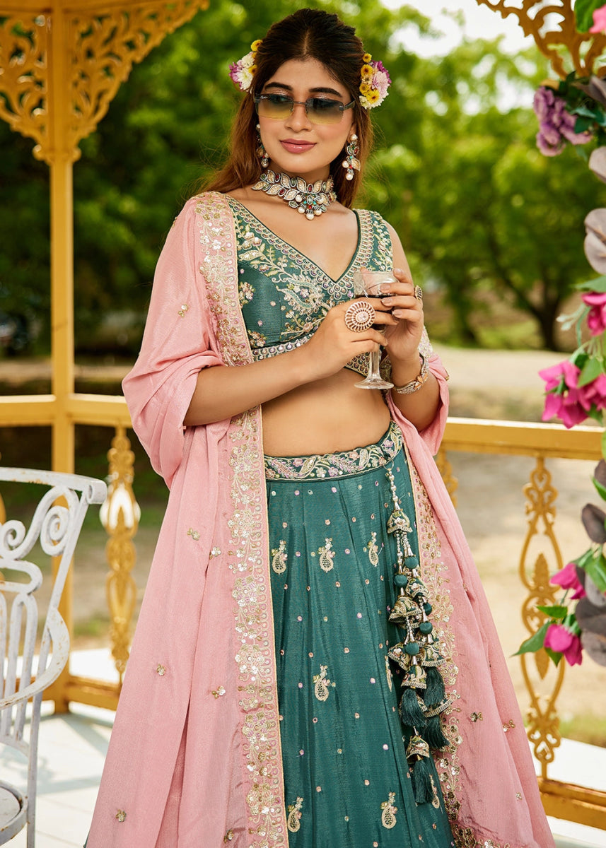 Teal Green Chiffon Lehenga Choli with Sequins and Floral Embroidery - House of Sarvati LLC