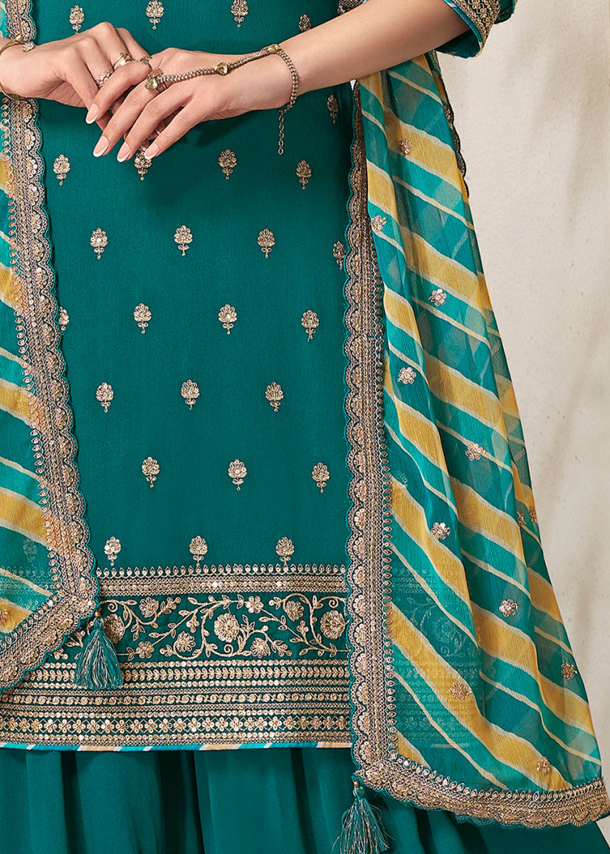 Teal Green Chinon Silk Sharara Suit with Intricate Butti and Sequins Detailing - House of Sarvati LLC