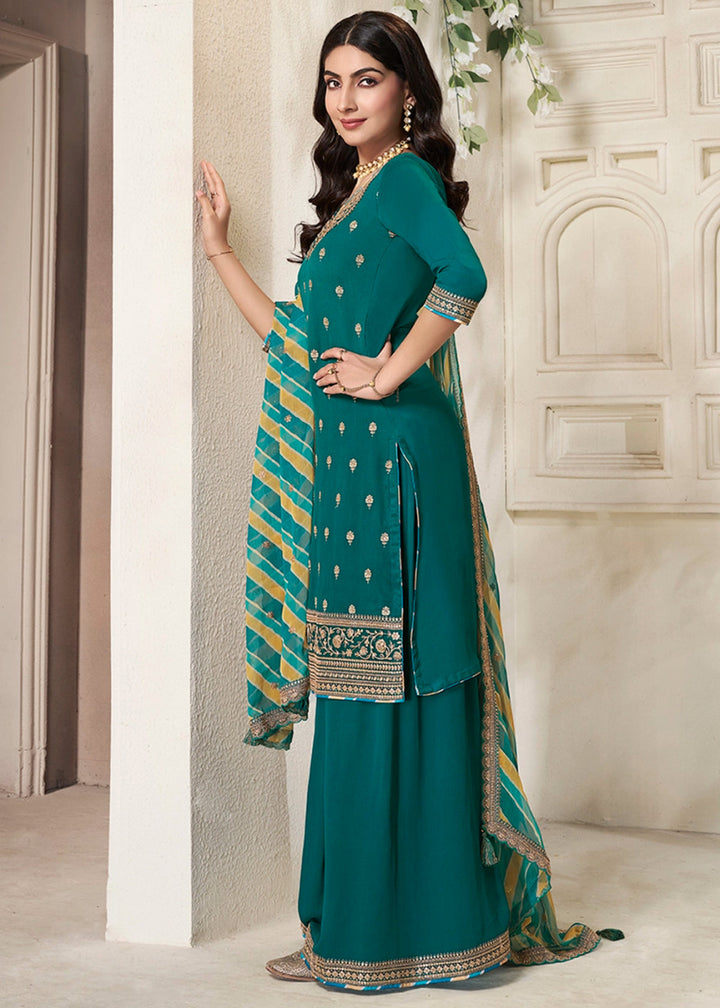 Teal Green Chinon Silk Sharara Suit with Intricate Butti and Sequins Detailing - House of Sarvati LLC