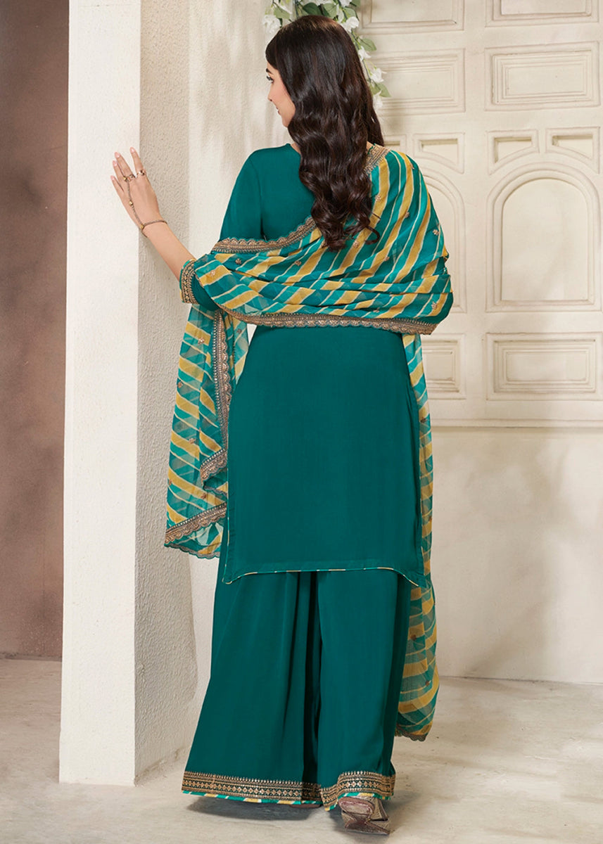 Teal Green Chinon Silk Sharara Suit with Intricate Butti and Sequins Detailing - House of Sarvati LLC