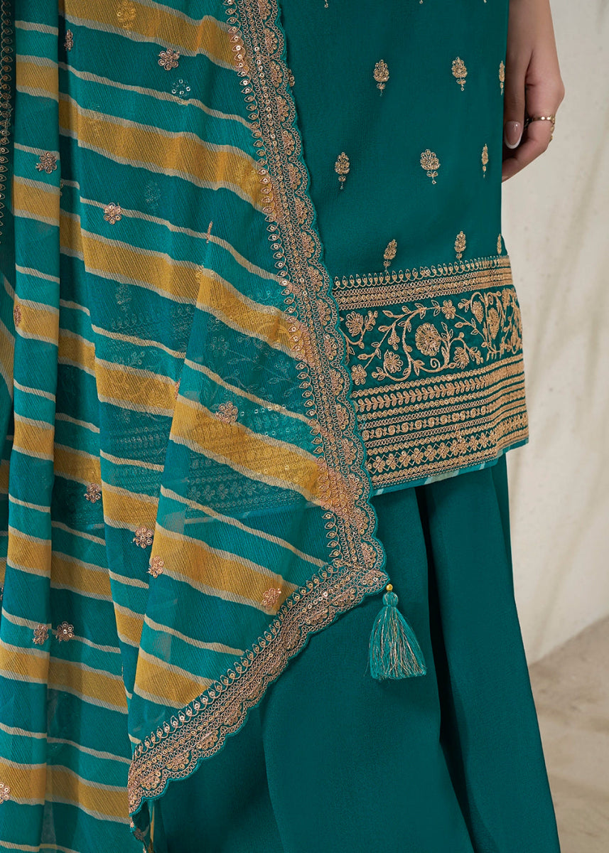 Teal Green Chinon Silk Sharara Suit with Intricate Butti and Sequins Detailing - House of Sarvati LLC