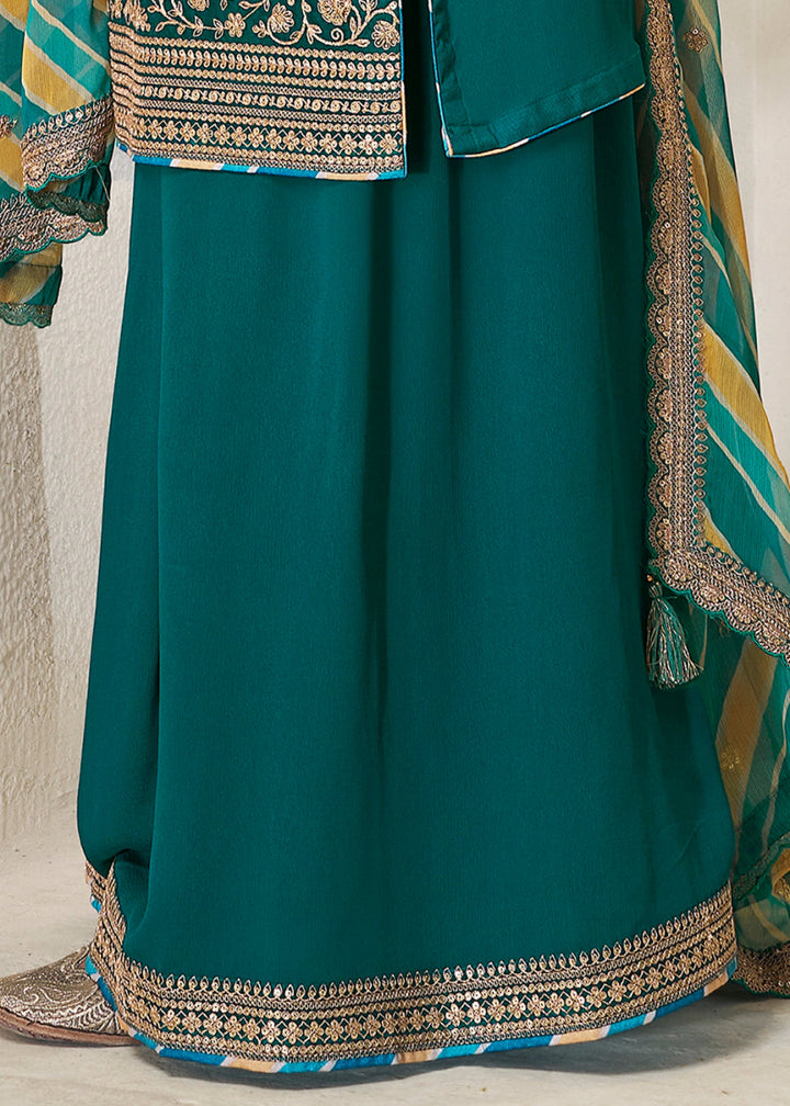 Teal Green Chinon Silk Sharara Suit with Intricate Butti and Sequins Detailing - House of Sarvati LLC