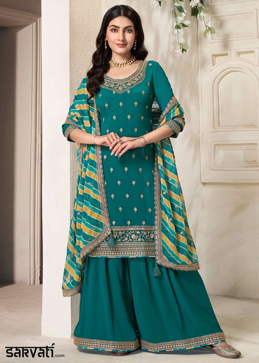 Teal Green Chinon Silk Sharara Suit with Intricate Butti and Sequins Detailing - House of Sarvati LLC
