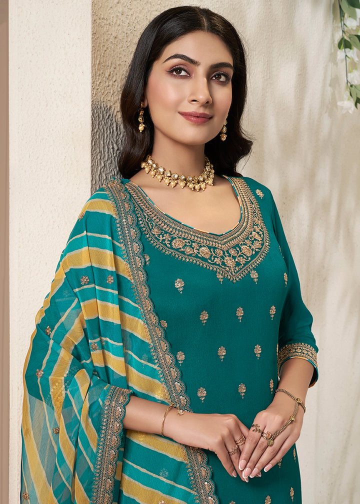 Teal Green Chinon Silk Sharara Suit with Intricate Butti and Sequins Detailing - House of Sarvati LLC