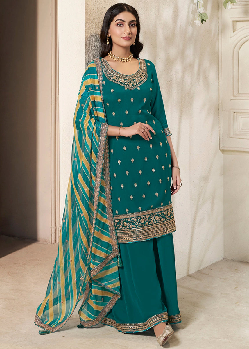 Teal Green Chinon Silk Sharara Suit with Intricate Butti and Sequins Detailing - House of Sarvati LLC