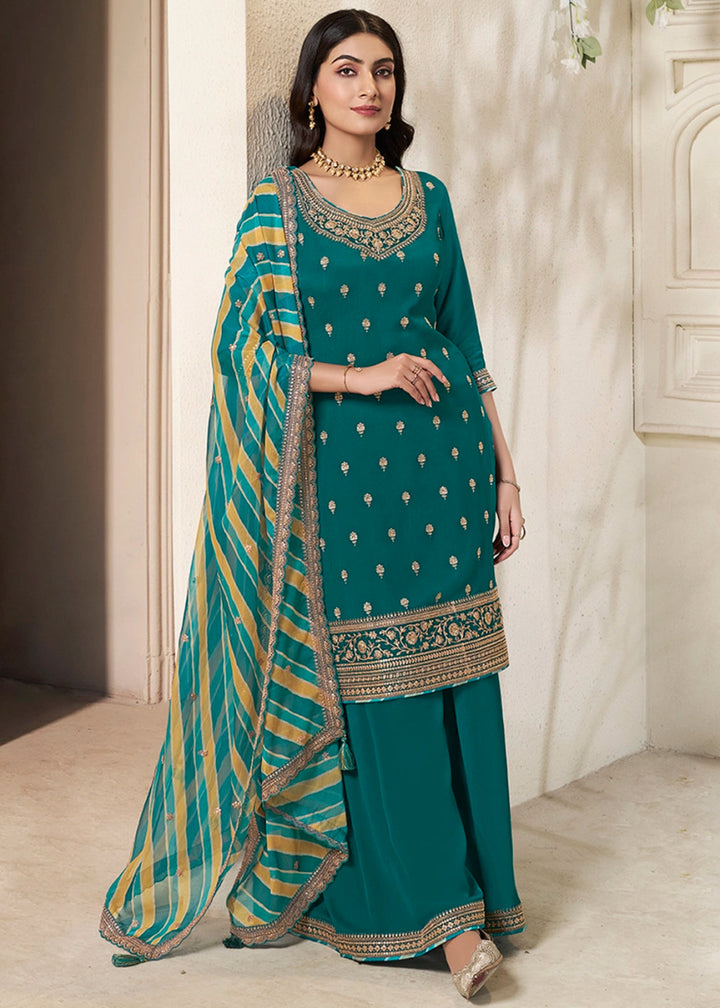 Teal Green Chinon Silk Sharara Suit with Intricate Butti and Sequins Detailing - House of Sarvati LLC
