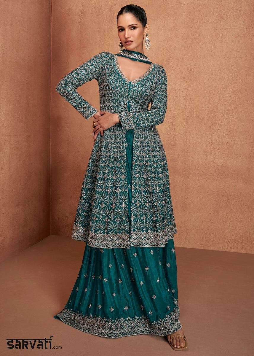 Teal Green Chinon Silk Skirt Suit with Front Slit & Embroidery - House of Sarvati LLC