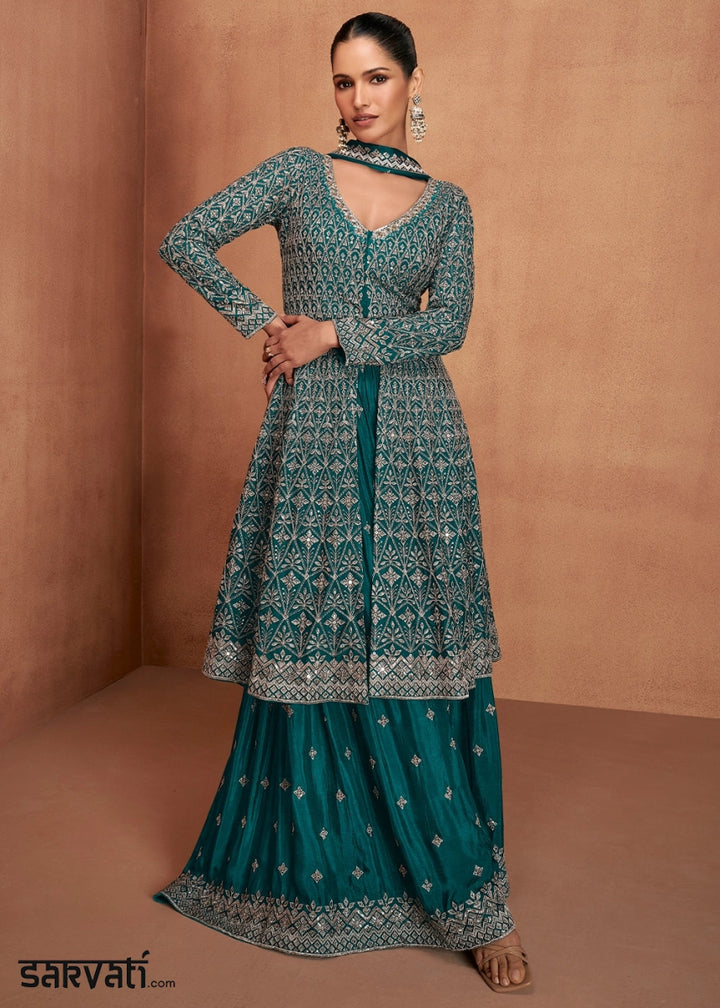 Teal Green Chinon Silk Skirt Suit with Front Slit & Embroidery - House of Sarvati LLC