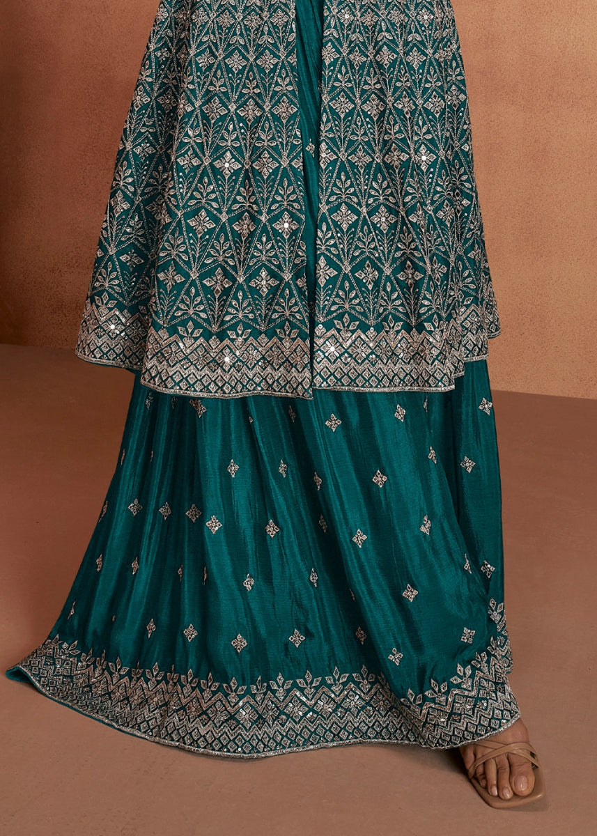 Teal Green Chinon Silk Skirt Suit with Front Slit & Embroidery - House of Sarvati LLC