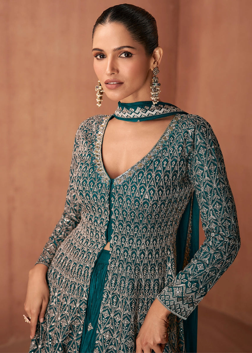 Teal Green Chinon Silk Skirt Suit with Front Slit & Embroidery - House of Sarvati LLC