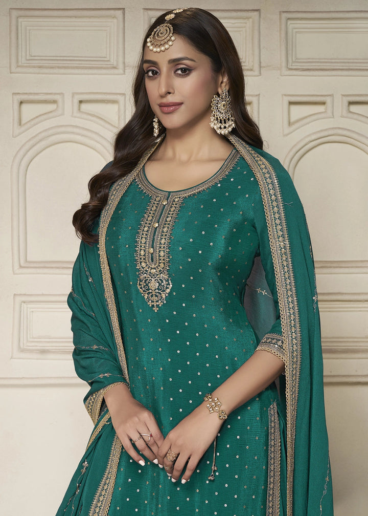 Teal Green Embroidered Sharara Suit in Chinon Silk with Jacquard Buttis - House of Sarvati LLC