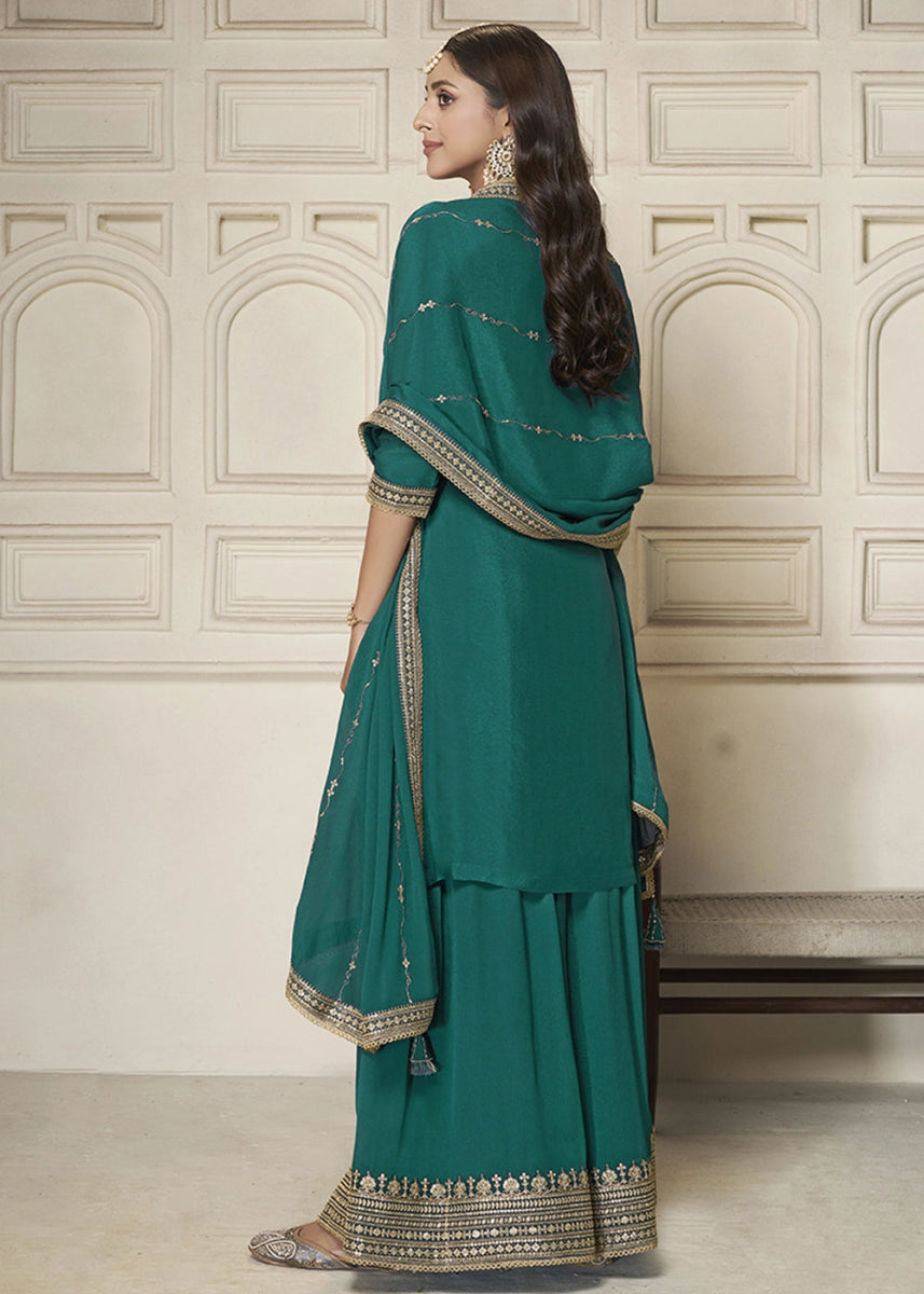 Teal Green Embroidered Sharara Suit in Chinon Silk with Jacquard Buttis - House of Sarvati LLC