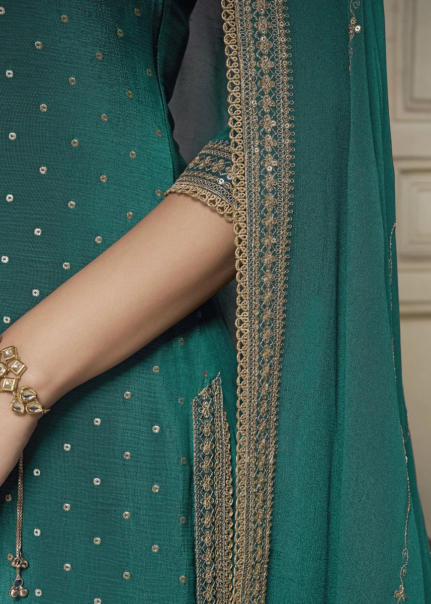 Teal Green Embroidered Sharara Suit in Chinon Silk with Jacquard Buttis - House of Sarvati LLC