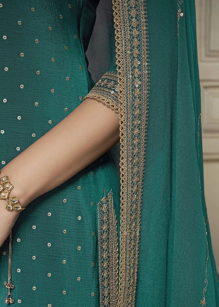 Teal Green Embroidered Sharara Suit in Chinon Silk with Jacquard Buttis - House of Sarvati LLC