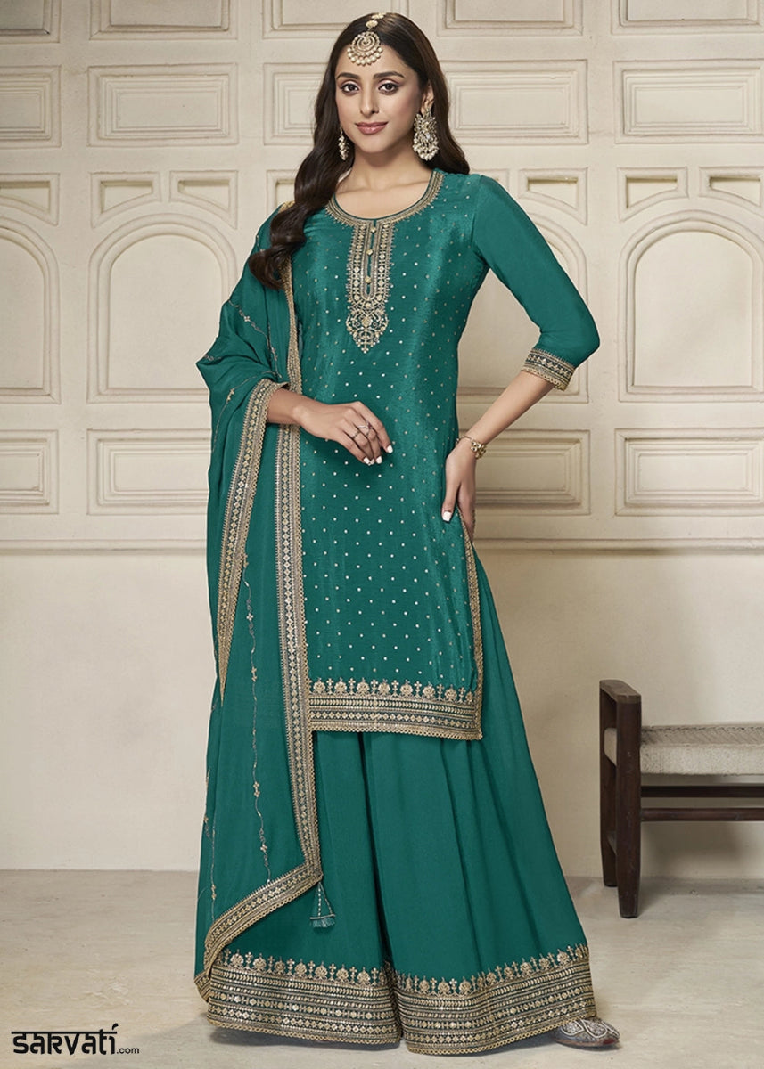 Teal Green Embroidered Sharara Suit in Chinon Silk with Jacquard Buttis - House of Sarvati LLC