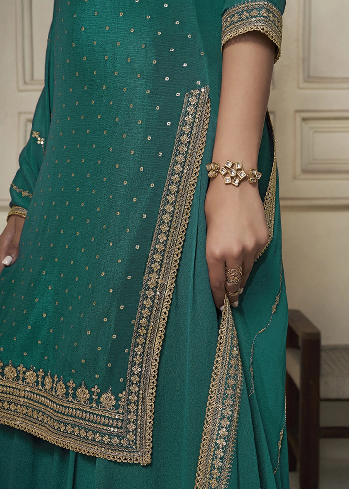 Teal Green Embroidered Sharara Suit in Chinon Silk with Jacquard Buttis - House of Sarvati LLC