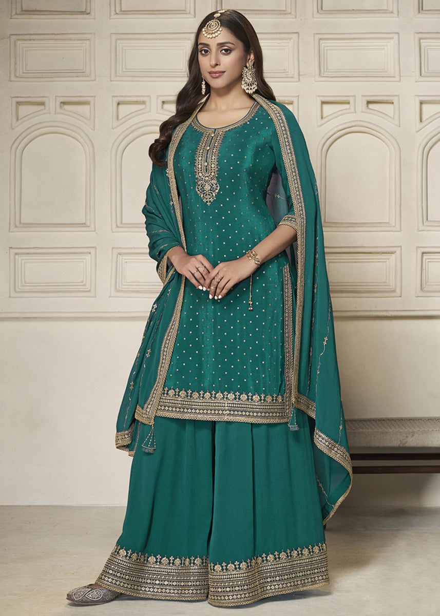 Teal Green Embroidered Sharara Suit in Chinon Silk with Jacquard Buttis - House of Sarvati LLC