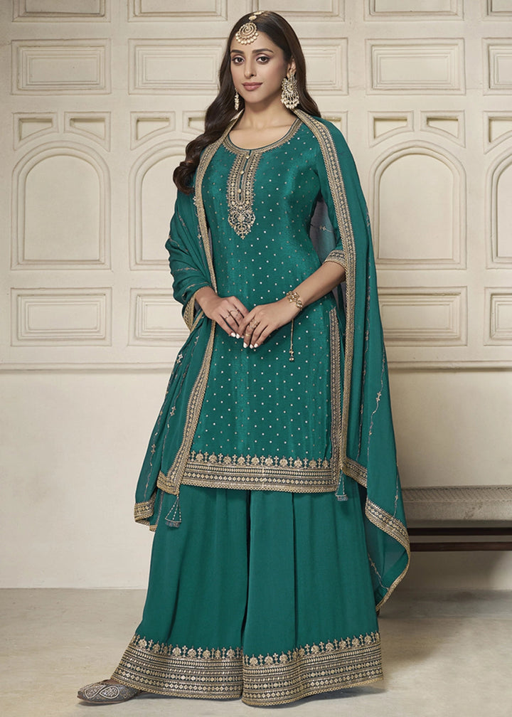 Teal Green Embroidered Sharara Suit in Chinon Silk with Jacquard Buttis - House of Sarvati LLC