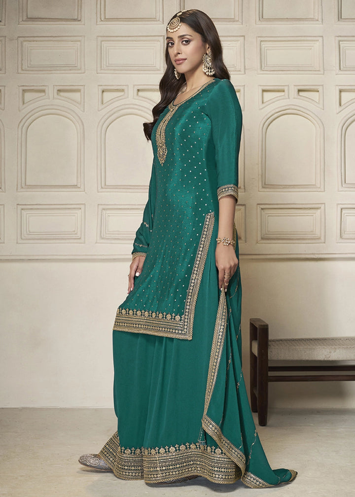 Teal Green Embroidered Sharara Suit in Chinon Silk with Jacquard Buttis - House of Sarvati LLC