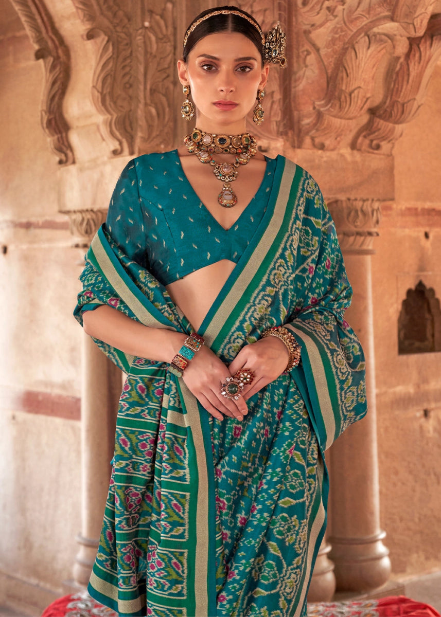 Teal Green Georgette Silk Saree with Ethnic Patola Print - House of Sarvati LLC