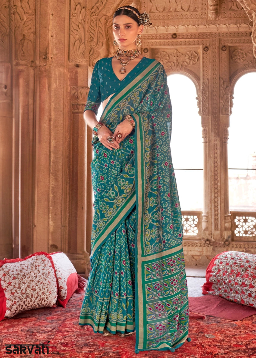 Teal Green Georgette Silk Saree with Ethnic Patola Print - House of Sarvati LLC
