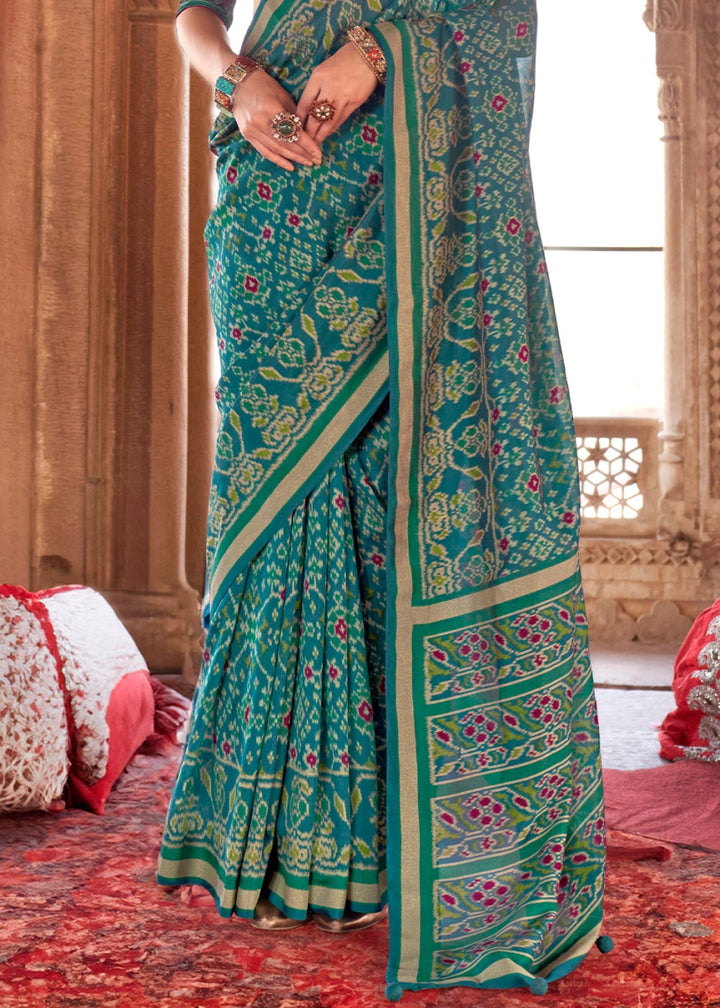 Teal Green Georgette Silk Saree with Ethnic Patola Print - House of Sarvati LLC