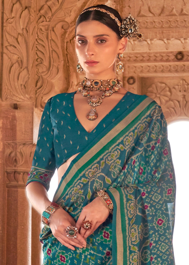 Teal Green Georgette Silk Saree with Ethnic Patola Print - House of Sarvati LLC