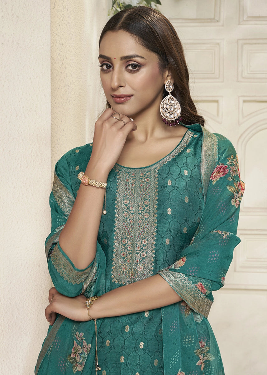 Teal Green Jacquard Dola Silk Suit with Sequin Detailing - House of Sarvati LLC