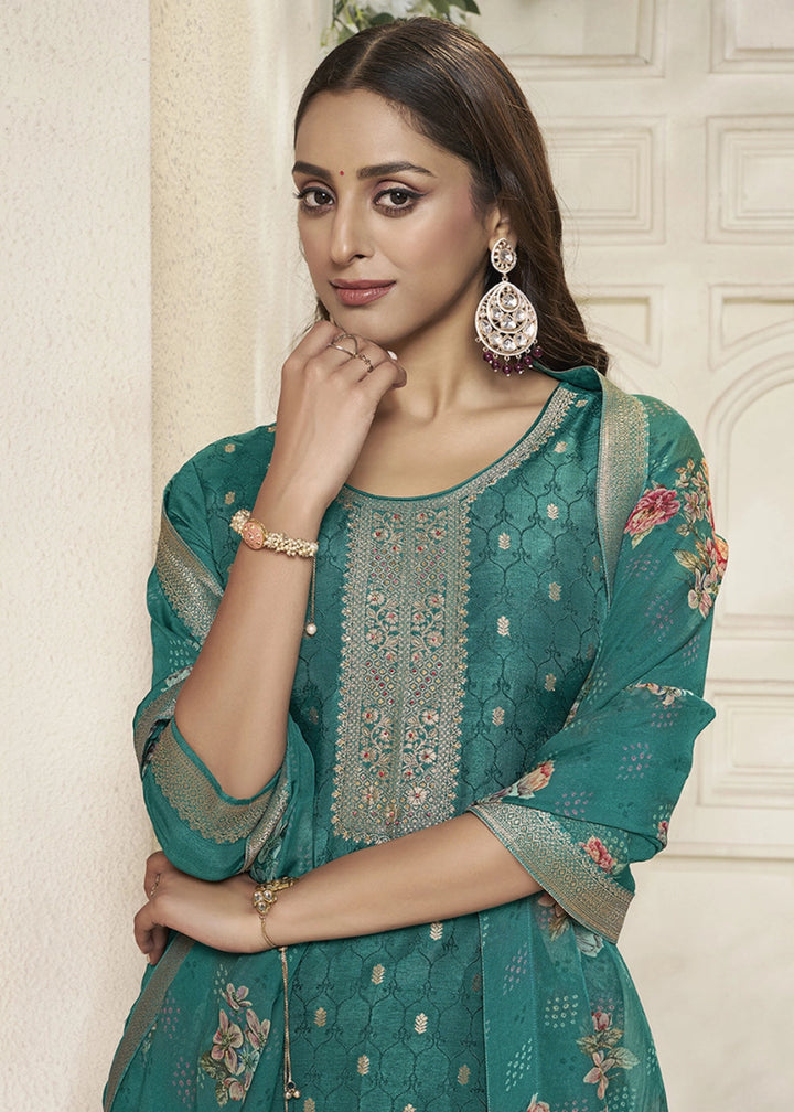 Teal Green Jacquard Dola Silk Suit with Sequin Detailing - House of Sarvati LLC