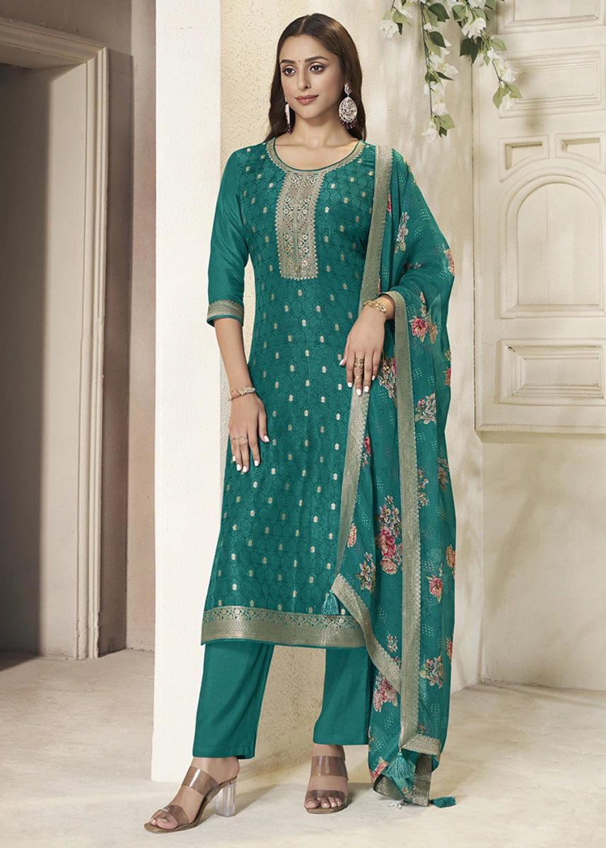 Teal Green Jacquard Dola Silk Suit with Sequin Detailing - House of Sarvati LLC