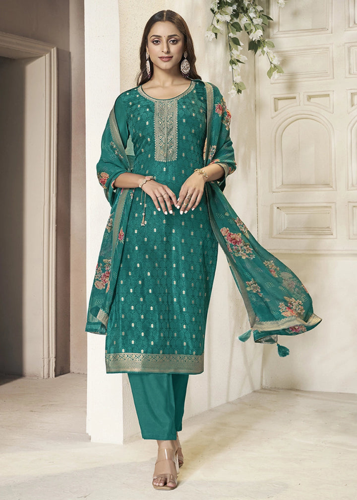 Teal Green Jacquard Dola Silk Suit with Sequin Detailing - House of Sarvati LLC
