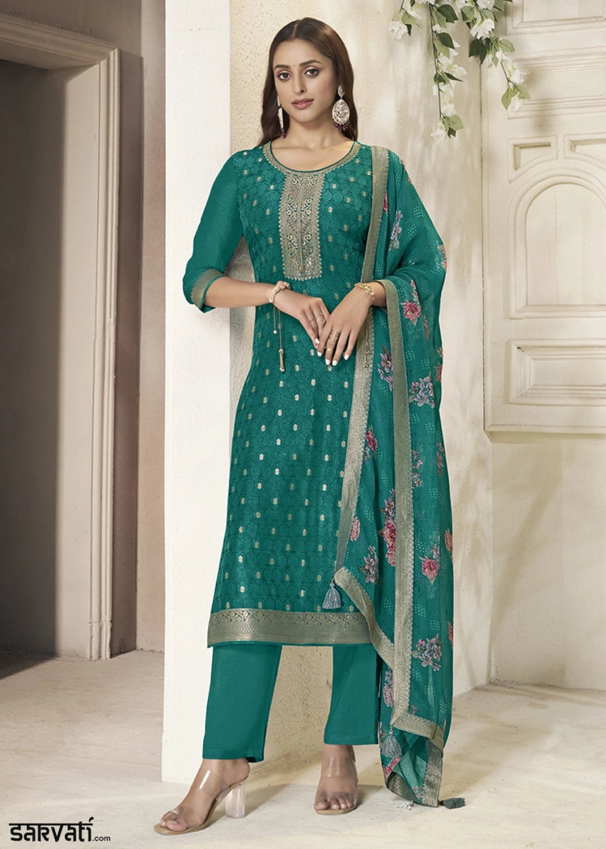 Teal Green Jacquard Dola Silk Suit with Sequin Detailing - House of Sarvati LLC