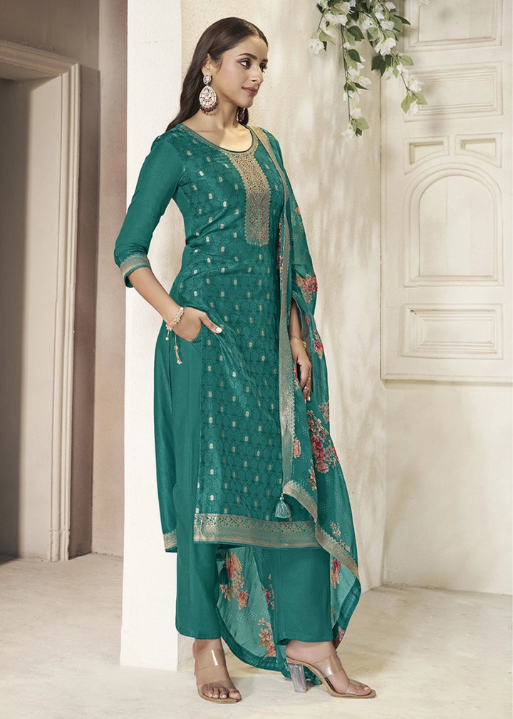 Teal Green Jacquard Dola Silk Suit with Sequin Detailing - House of Sarvati LLC