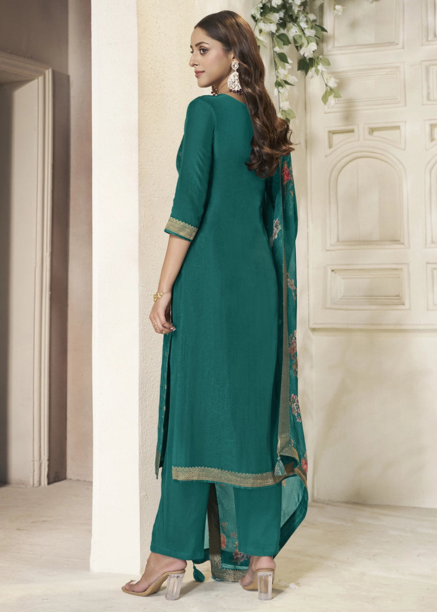Teal Green Jacquard Dola Silk Suit with Sequin Detailing - House of Sarvati LLC