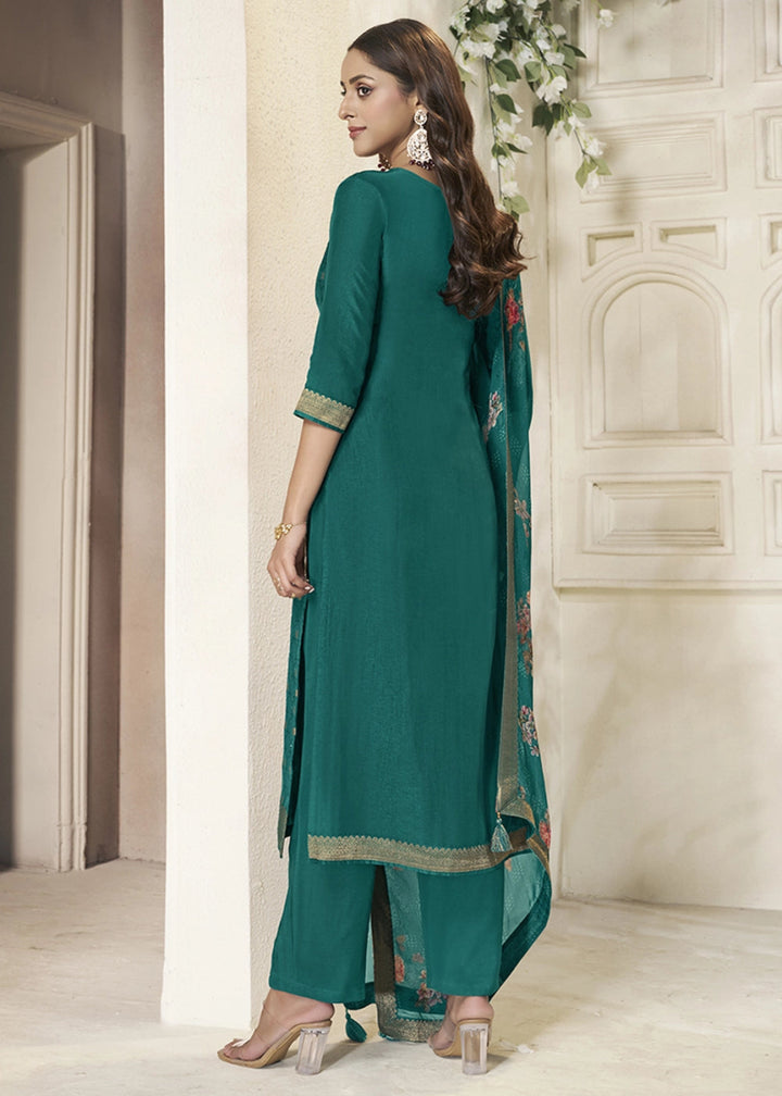 Teal Green Jacquard Dola Silk Suit with Sequin Detailing - House of Sarvati LLC