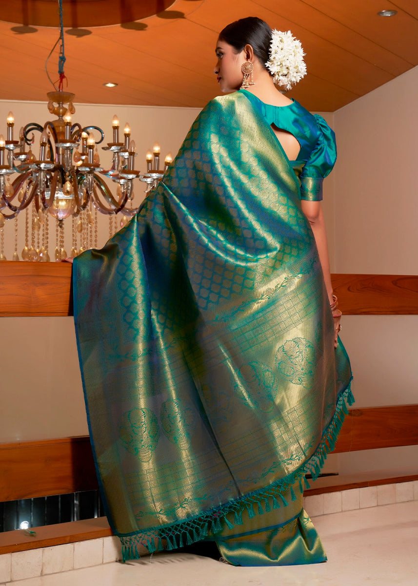 Teal Green Kanjivaram Silk Saree with Rich Zari Work - House of Sarvati LLC