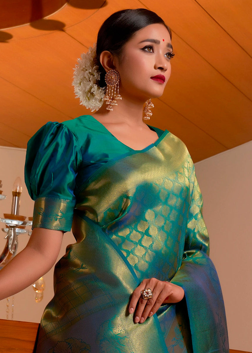 Teal Green Kanjivaram Silk Saree with Rich Zari Work - House of Sarvati LLC
