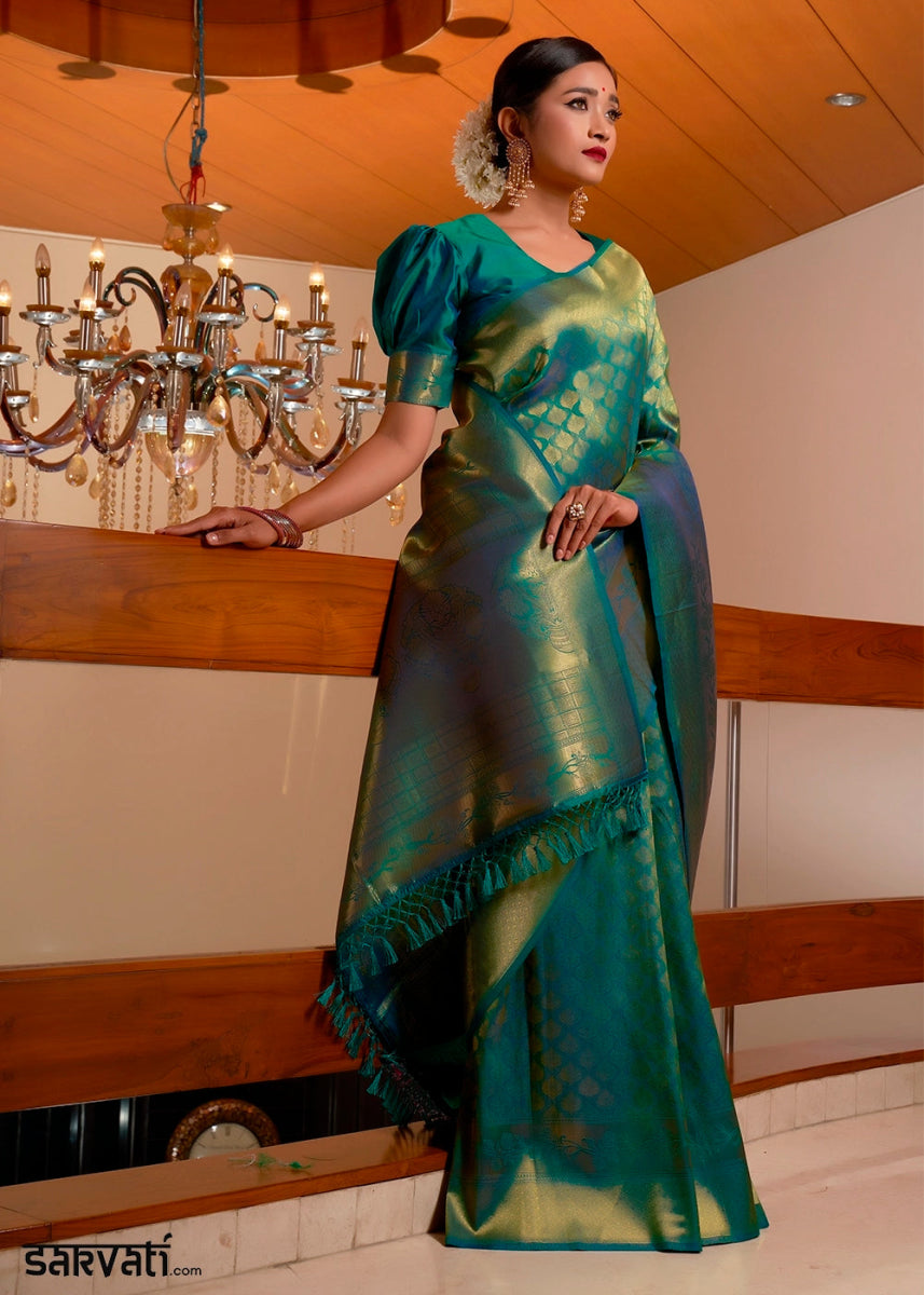 Teal Green Kanjivaram Silk Saree with Rich Zari Work - House of Sarvati LLC