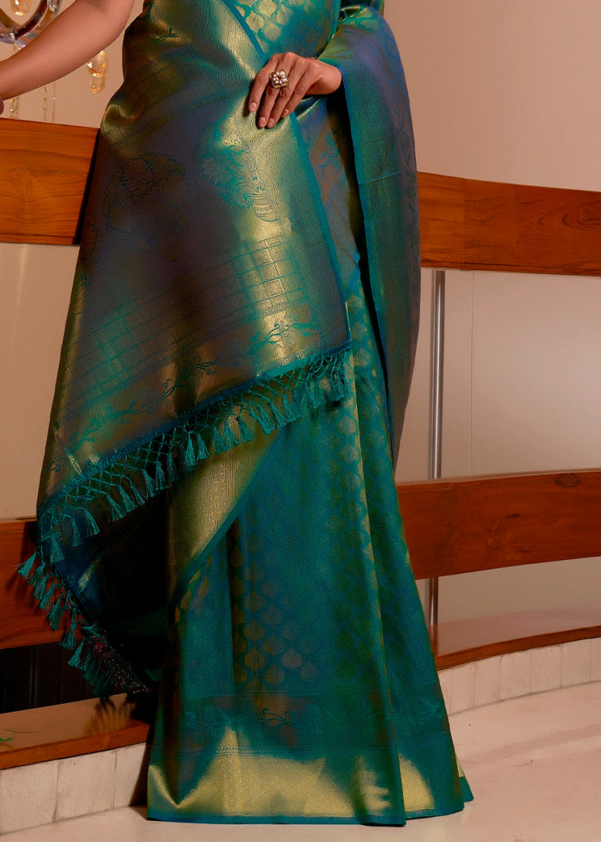 Teal Green Kanjivaram Silk Saree with Rich Zari Work - House of Sarvati LLC