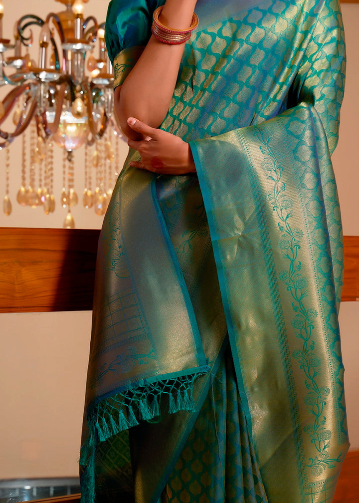 Teal Green Kanjivaram Silk Saree with Rich Zari Work - House of Sarvati LLC