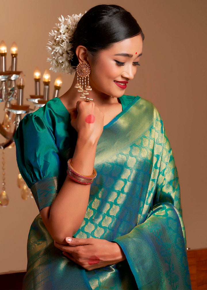Teal Green Kanjivaram Silk Saree with Rich Zari Work - House of Sarvati LLC