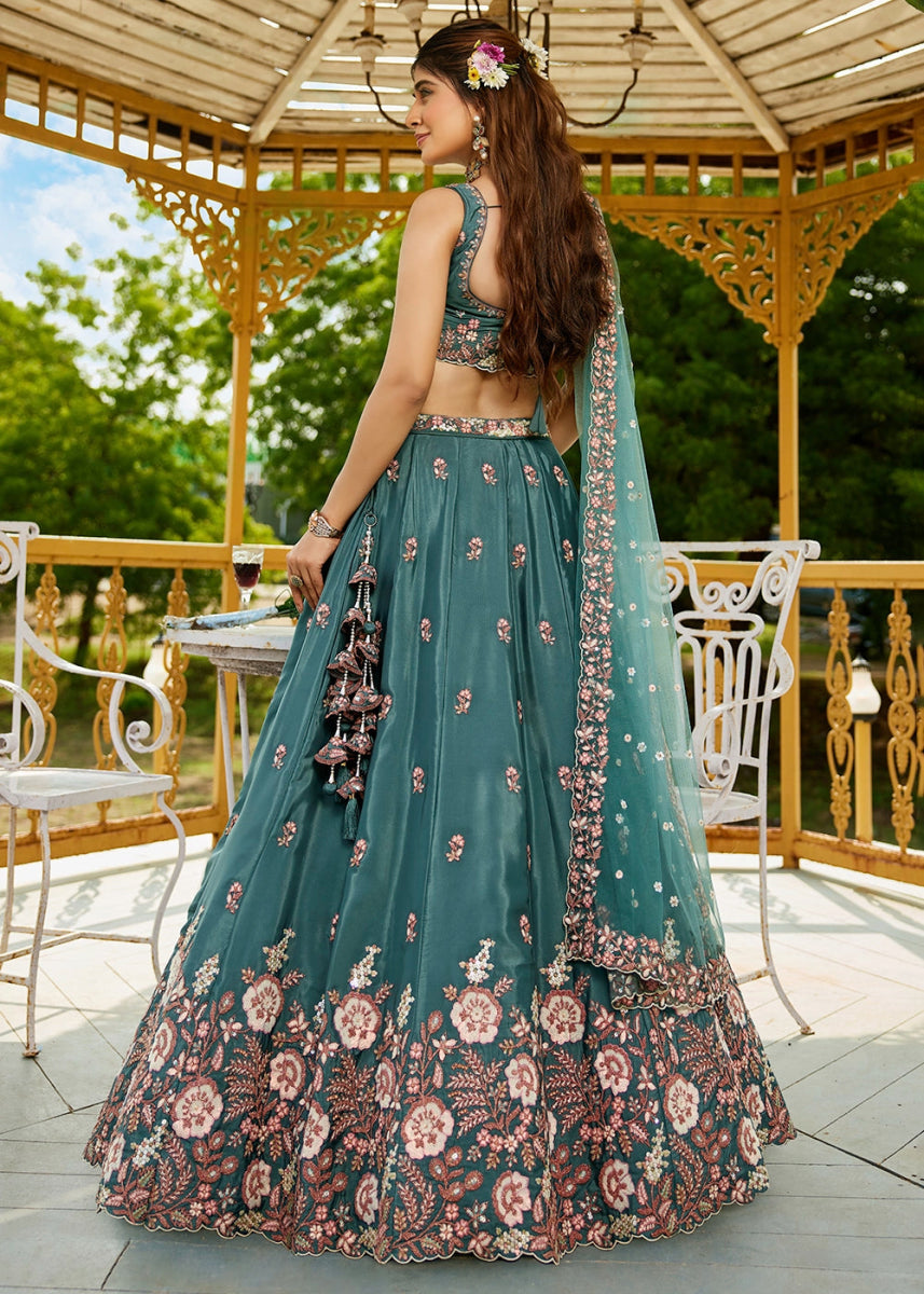Teal Green Satin Lehenga Choli with Elegant Floral Embroidery - House of Sarvati LLC